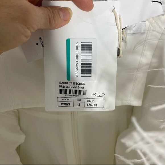 BADGLEY MISCHKA Feather Belted Midi Dress in WHITE Strapless MISSING BELT Size 8 - Picture 12 of 15